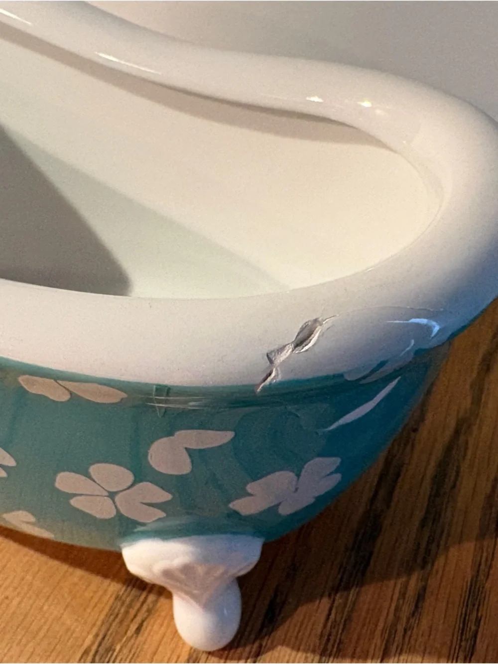 Vintage Bath & Body Works Turquoise Ivory Floral Ceramic Clawfoot Bathtub